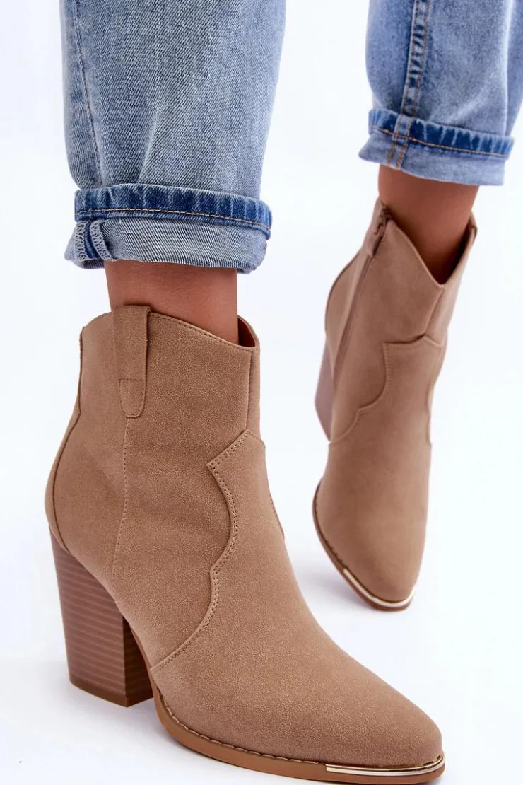 Online Boto Skórzane Botki Kowbojki Na Obcasie Beżowe Lotoune