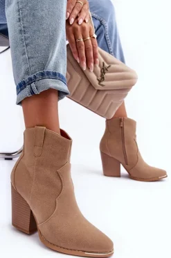 Online Boto Skórzane Botki Kowbojki Na Obcasie Beżowe Lotoune