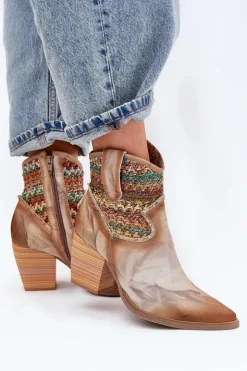 Maciejka Botki Wiosenne|Botki Na Słupku*Skórzane Botki Kowbojki Na Słupku Z Ozdobną Plecionką 06810-29 Multikolor