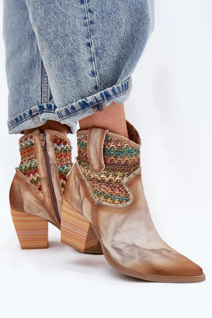 Maciejka Botki Wiosenne|Botki Na Słupku*Skórzane Botki Kowbojki Na Słupku Z Ozdobną Plecionką 06810-29 Multikolor