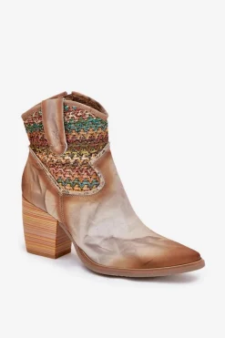 Maciejka Botki Wiosenne|Botki Na Słupku*Skórzane Botki Kowbojki Na Słupku Z Ozdobną Plecionką 06810-29 Multikolor