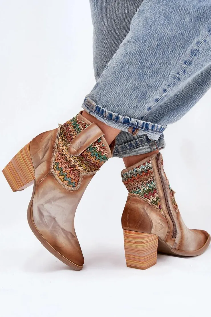 Maciejka Botki Wiosenne|Botki Na Słupku*Skórzane Botki Kowbojki Na Słupku Z Ozdobną Plecionką 06810-29 Multikolor