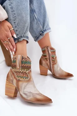 Maciejka Botki Wiosenne|Botki Na Słupku*Skórzane Botki Kowbojki Na Słupku Z Ozdobną Plecionką 06810-29 Multikolor
