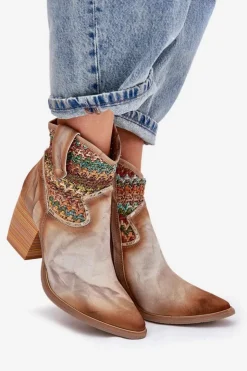 Maciejka Botki Wiosenne|Botki Na Słupku*Skórzane Botki Kowbojki Na Słupku Z Ozdobną Plecionką 06810-29 Multikolor