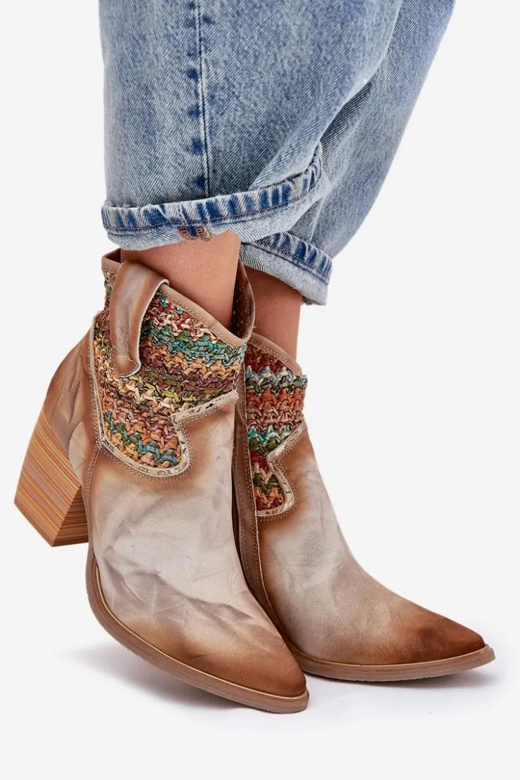 Maciejka Botki Wiosenne|Botki Na Słupku*Skórzane Botki Kowbojki Na Słupku Z Ozdobną Plecionką 06810-29 Multikolor