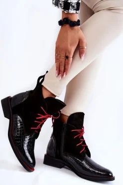 Boto Botki Sznurowane|Czarne Botki*Skórzane Botki Krokodyli Wzór Czarno-Czerwone Cheyenne