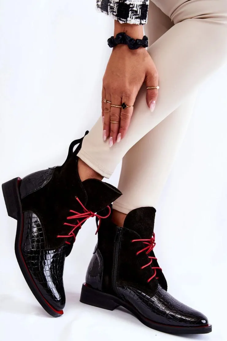 Boto Botki Sznurowane|Czarne Botki*Skórzane Botki Krokodyli Wzór Czarno-Czerwone Cheyenne