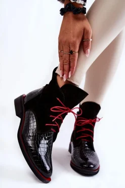 Boto Botki Sznurowane|Czarne Botki*Skórzane Botki Krokodyli Wzór Czarno-Czerwone Cheyenne