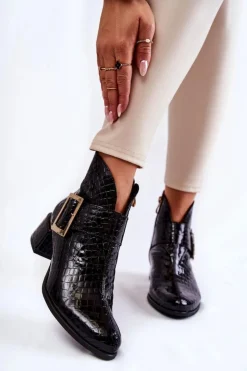 Damskie Boto Skórzane Botki Krokodyli Wzór Na Suwak Czarne Briana