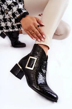 Damskie Boto Skórzane Botki Krokodyli Wzór Na Suwak Czarne Briana