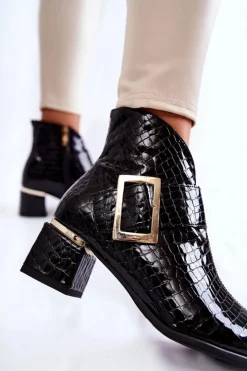 Damskie Boto Skórzane Botki Krokodyli Wzór Na Suwak Czarne Briana