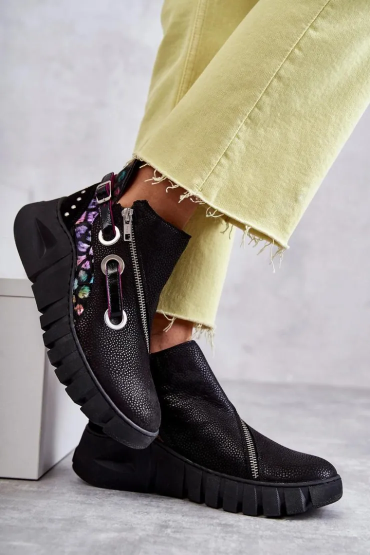 Outlet Maciejka Skórzane Botki Z Cętkami 05660-20 Czarne