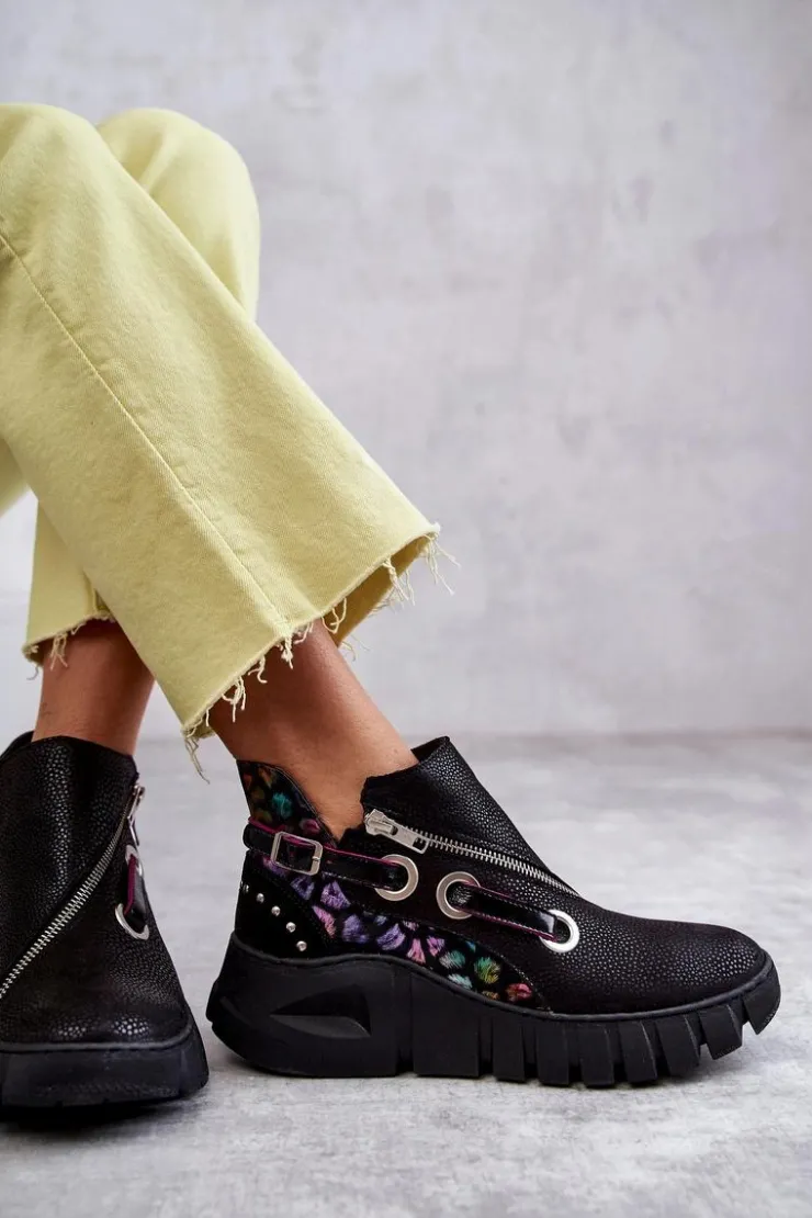 Outlet Maciejka Skórzane Botki Z Cętkami 05660-20 Czarne