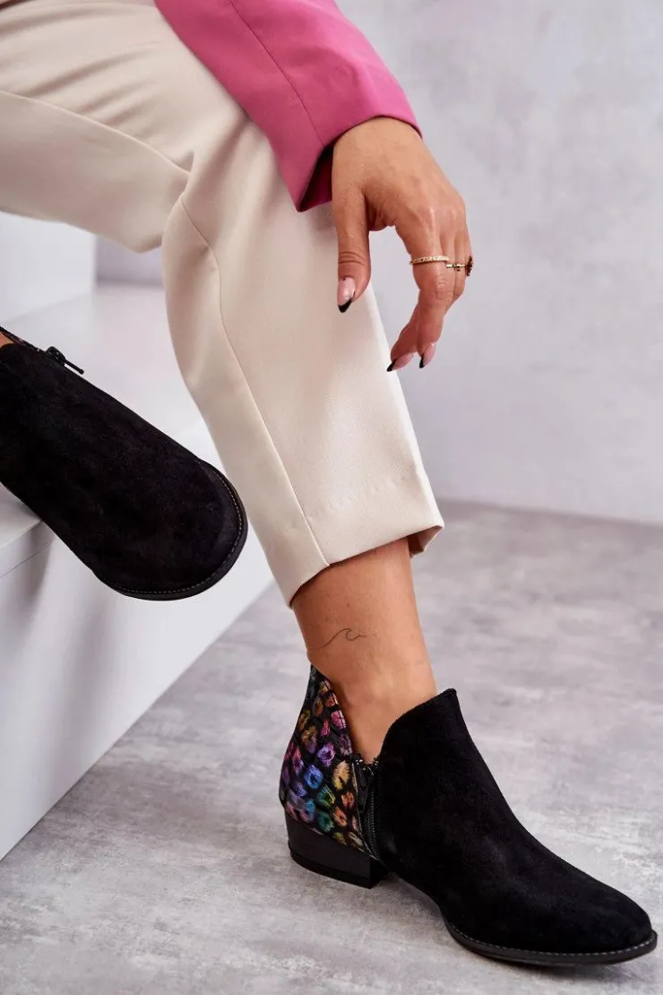 Maciejka Skórzane Botki Z Cętkami 04091-39 Czarne