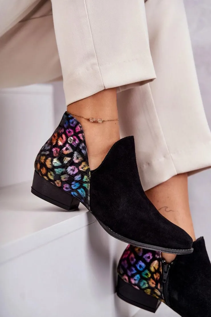 Maciejka Skórzane Botki Z Cętkami 04091-39 Czarne