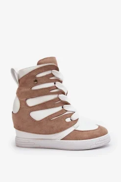 Damskie Boto Skórzane Botki Na Koturnie Sznurowane Beżowe Amria