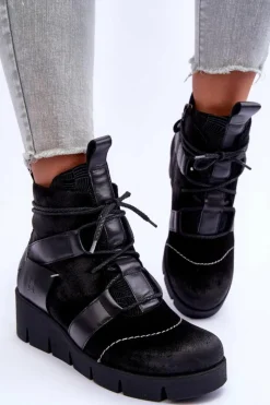 Damskie Maciejka Skórzane Botki Na Koturnie 06185-01 Czarne