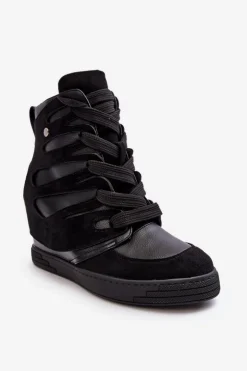 Boto Skórzane Botki Na Koturnie Sznurowane Czarne Amria Czarny