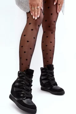 Boto Skórzane Botki Na Koturnie Sznurowane Czarne Amria Czarny