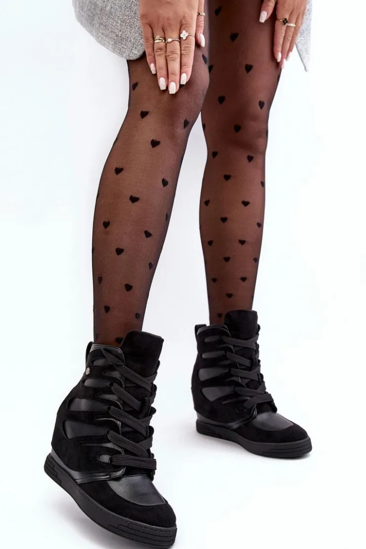 Boto Skórzane Botki Na Koturnie Sznurowane Czarne Amria Czarny