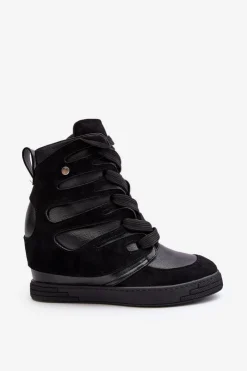 Boto Skórzane Botki Na Koturnie Sznurowane Czarne Amria Czarny