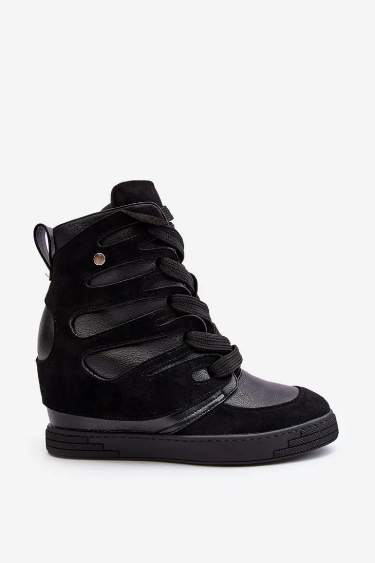 Boto Skórzane Botki Na Koturnie Sznurowane Czarne Amria Czarny