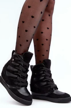 Boto Skórzane Botki Na Koturnie Sznurowane Czarne Amria Czarny