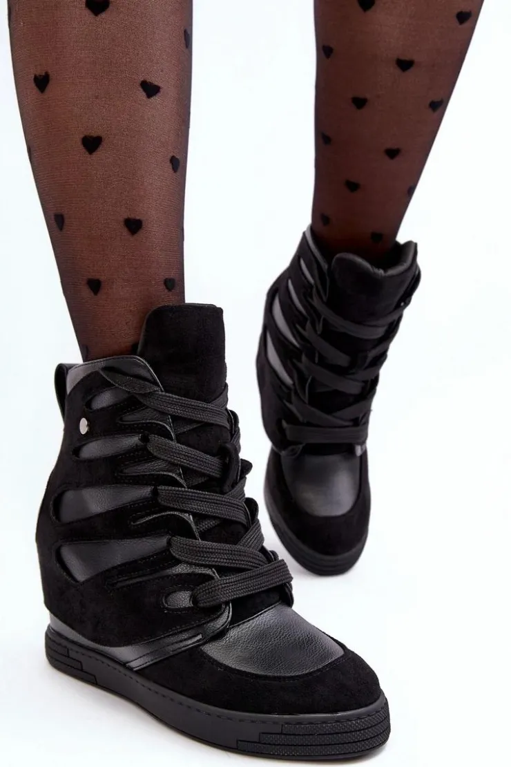 Boto Skórzane Botki Na Koturnie Sznurowane Czarne Amria Czarny