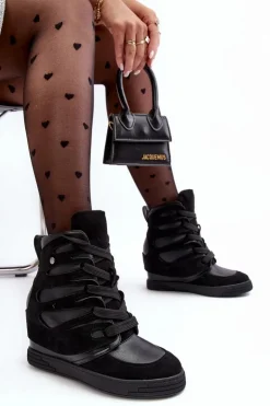 Boto Skórzane Botki Na Koturnie Sznurowane Czarne Amria Czarny