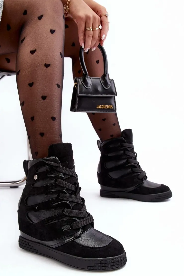 Boto Skórzane Botki Na Koturnie Sznurowane Czarne Amria Czarny