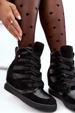 Boto Skórzane Botki Na Koturnie Sznurowane Czarne Amria Czarny