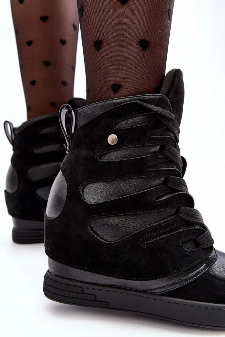 Boto Skórzane Botki Na Koturnie Sznurowane Czarne Amria Czarny