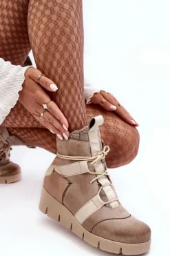 Damskie Maciejka Skórzane Botki Na Koturnie 06185-22 Jasnobeżowe