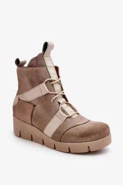 Damskie Maciejka Skórzane Botki Na Koturnie 06185-22 Jasnobeżowe