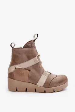 Damskie Maciejka Skórzane Botki Na Koturnie 06185-22 Jasnobeżowe