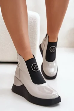 Damskie buty S.Barski Brązowe I Beżowe Botki|Botki Na Koturnie*Skórzane Botki Na Koturnie D&A MR880-137 Jasnoszare