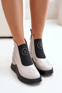 Damskie buty S.Barski Brązowe I Beżowe Botki|Botki Na Koturnie*Skórzane Botki Na Koturnie D&A MR880-137 Jasnoszare