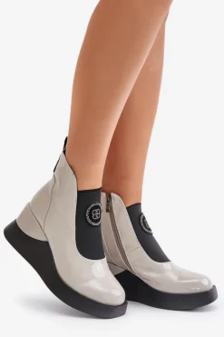 Damskie buty S.Barski Brązowe I Beżowe Botki|Botki Na Koturnie*Skórzane Botki Na Koturnie D&A MR880-137 Jasnoszare