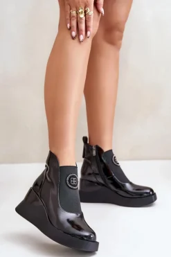 Online Damskie buty S.Barski Skórzane Botki Na Koturnie D&A MR880-137 Czarne