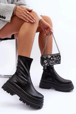 Damskie Boto Skórzane Botki Na Masywnej Platformie Czarne Luinai