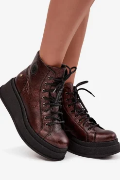 Damskie Maciejka Skórzane Botki Na Masywnej Platformie 06309-32 Metaliczny Brąz