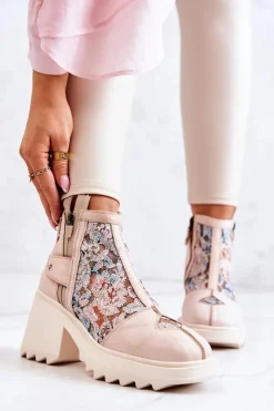 Best Maciejka Skórzane Botki Na Masywnym Słupku Beżowe 05325-04