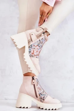 Best Maciejka Skórzane Botki Na Masywnym Słupku Beżowe 05325-04