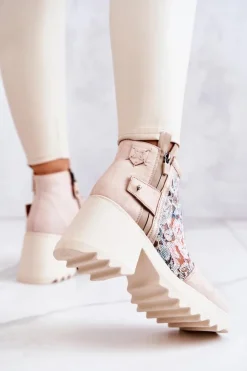 Best Maciejka Skórzane Botki Na Masywnym Słupku Beżowe 05325-04