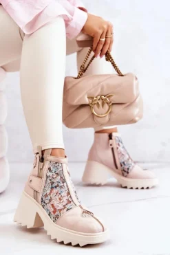 Best Maciejka Skórzane Botki Na Masywnym Słupku Beżowe 05325-04