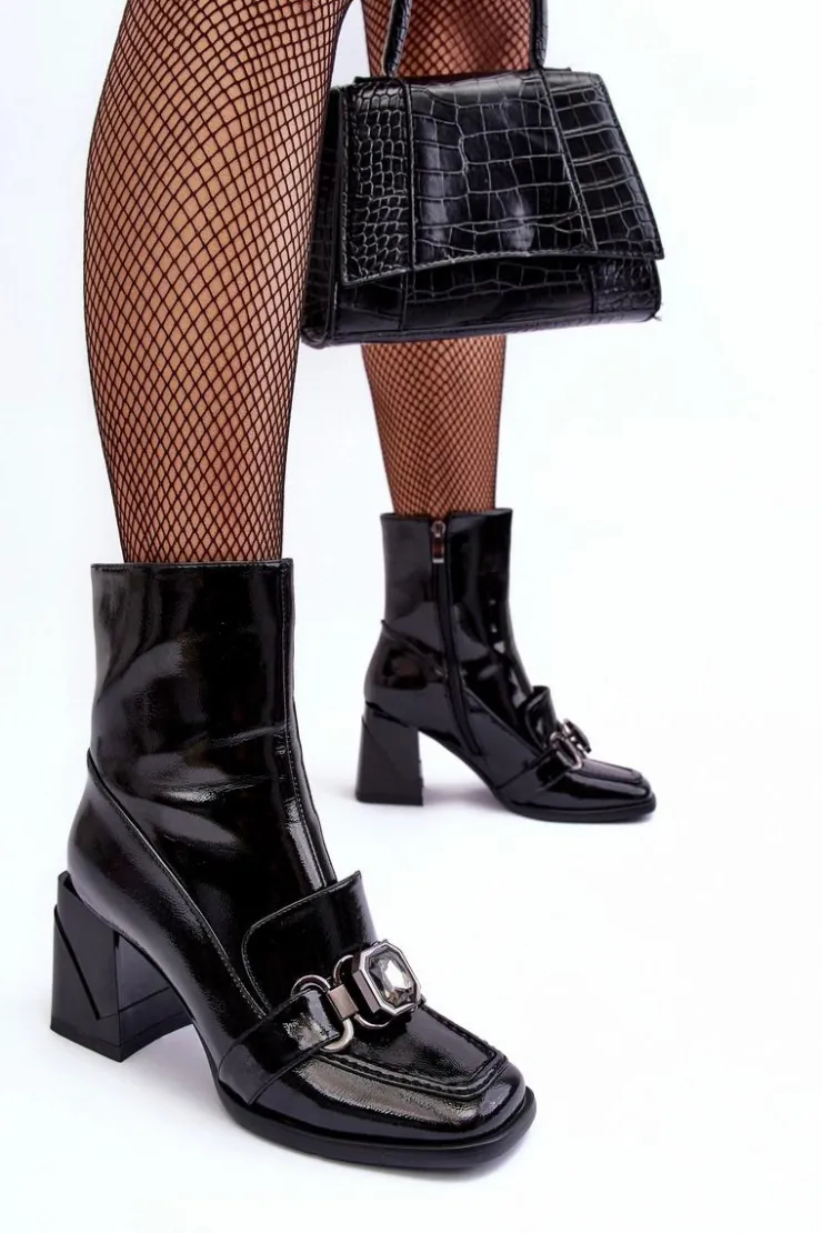 Damskie buty S.Barski Botki Zimowe Damskie|Botki Na Obcasie*Skórzane Botki Na Masywnym Obcasie Z Ozdobą S.Barski MR870-99 Czarne