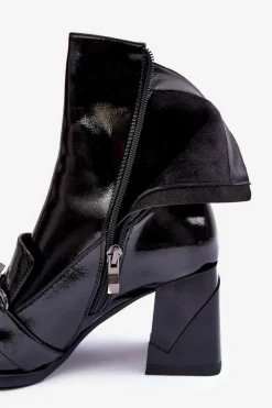 Damskie buty S.Barski Botki Zimowe Damskie|Botki Na Obcasie*Skórzane Botki Na Masywnym Obcasie Z Ozdobą S.Barski MR870-99 Czarne