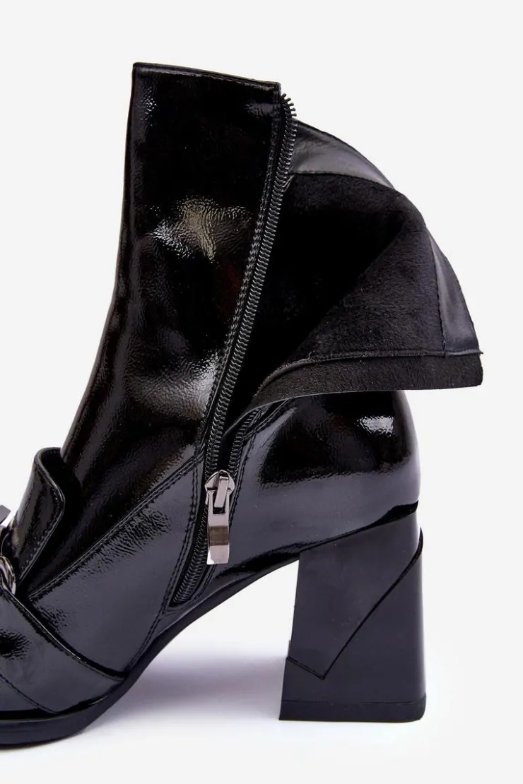 Damskie buty S.Barski Botki Zimowe Damskie|Botki Na Obcasie*Skórzane Botki Na Masywnym Obcasie Z Ozdobą S.Barski MR870-99 Czarne