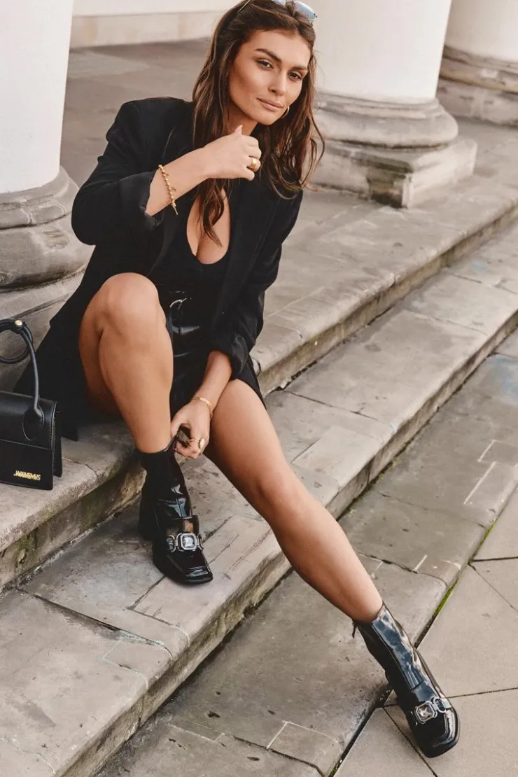 Damskie buty S.Barski Botki Zimowe Damskie|Botki Na Obcasie*Skórzane Botki Na Masywnym Obcasie Z Ozdobą S.Barski MR870-99 Czarne