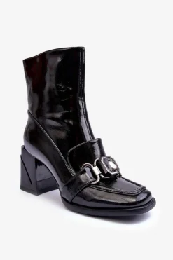 Damskie buty S.Barski Botki Zimowe Damskie|Botki Na Obcasie*Skórzane Botki Na Masywnym Obcasie Z Ozdobą S.Barski MR870-99 Czarne